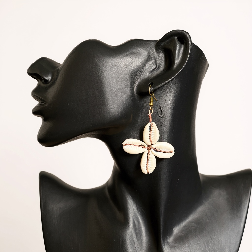 Kuma Flow earrings handmade in Mali from natural cowrie shells