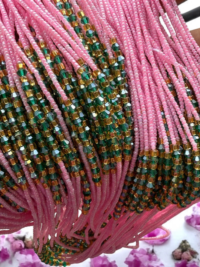 Saramani “Guardian Blossom” Waist Beads – Pink, Green & Gold | 44” Handmade Tie-On