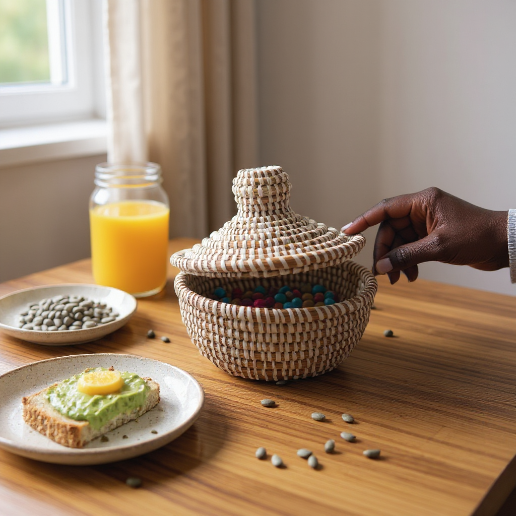 Small Senegal Handwoven Lidded Basket – Natural & White Stripes (8”)