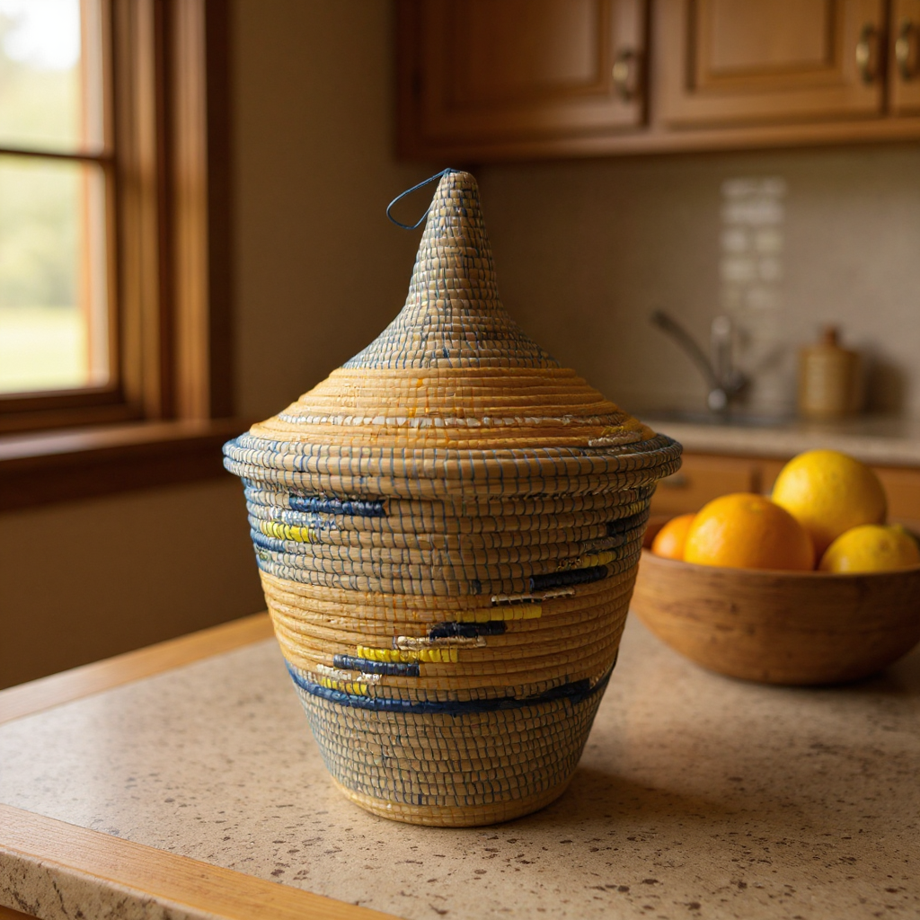 Rwanda Handwoven Lidded Basket – Blue, Yellow & Metallic Silver Accents (17.5”)