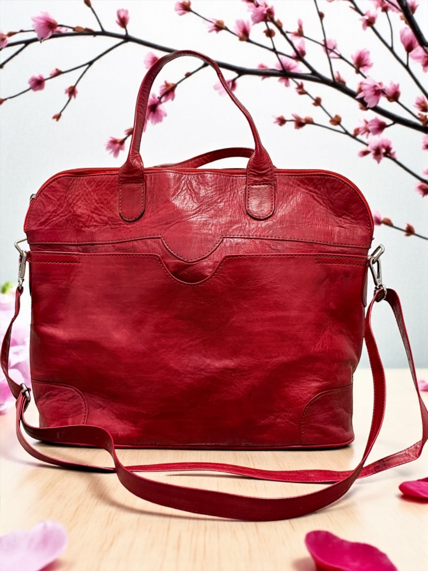 Crimson Nomad Leather Travel Bag – Handmade in Mali (13x16x5 in)