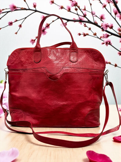 Crimson Nomad Leather Travel Bag – Handmade in Mali (13x16x5 in)