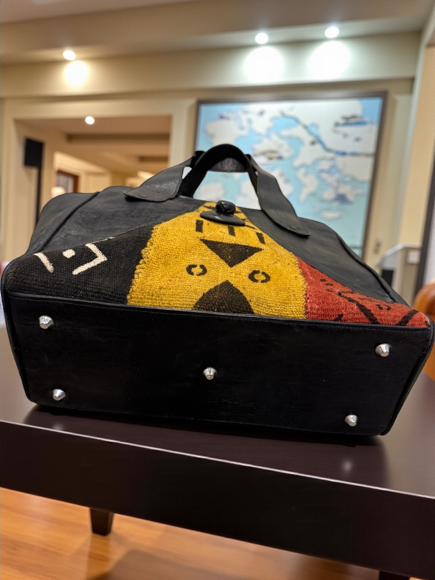Tribal Majesty Tote – Black Leather & Multicolor Mudcloth Bag Handmade in Mali (14x15x8)
