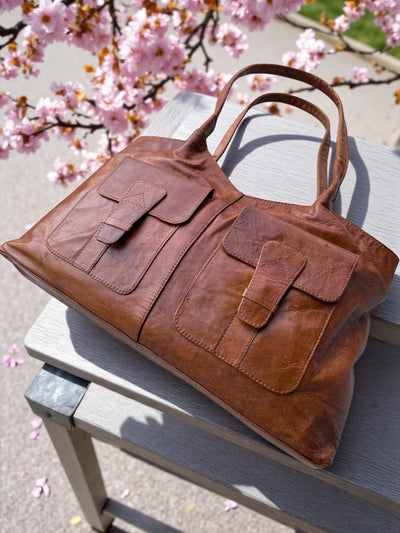 Vintage Cognac Leather Tote – Handmade 9.5” x 16” x 3” with Dual Front Pockets