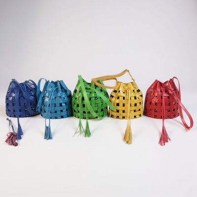 Green Waffle Weave Leather & Mudcloth Bucket Bag – Handmade in Mali