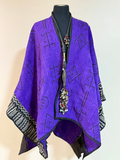 Purple Mudcloth Shawl with Black Geometric Patterns – Handcrafted, One Size Fits Most