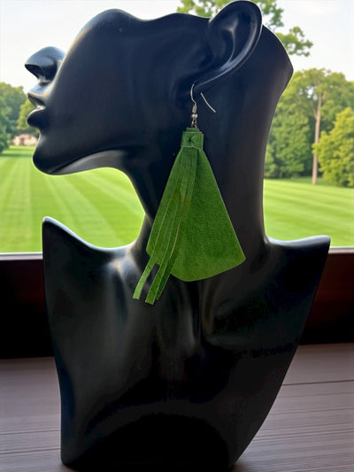 Saramani Bandi Leather Fringe Earrings – Handmade in Burkina Faso (Vibrant Green)