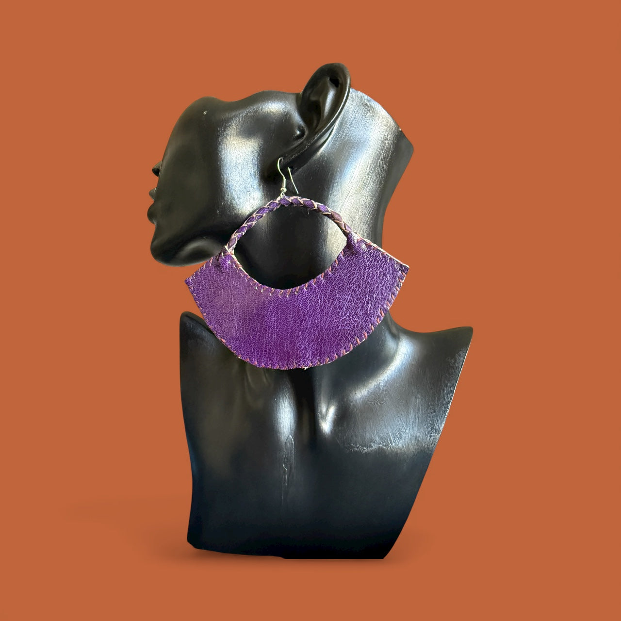Sanaa Half-Moon Leather Earrings – Handcrafted Purple African Art Design