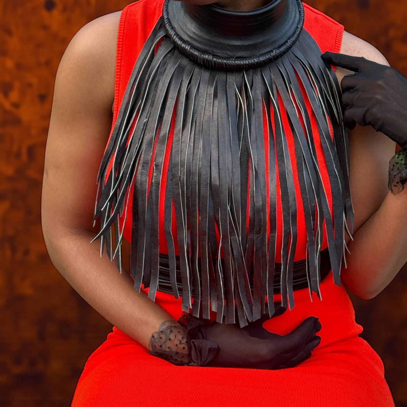 Saramani Ebony – Bold Black Leather Fringe Statement Necklace (Adjustable)