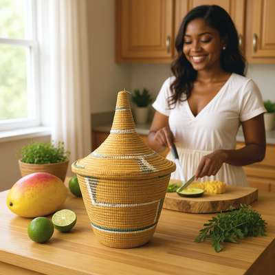 Rwanda Handwoven Lidded Basket – Mustard & White Accents (20”)