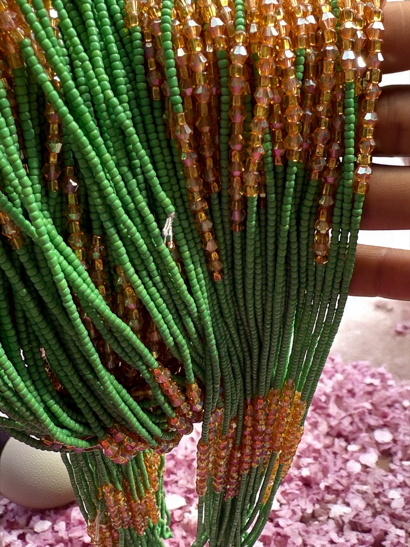 Saramani “Emerald Glow” Waist Beads – Green & Gold | 44” Handmade Tie-O