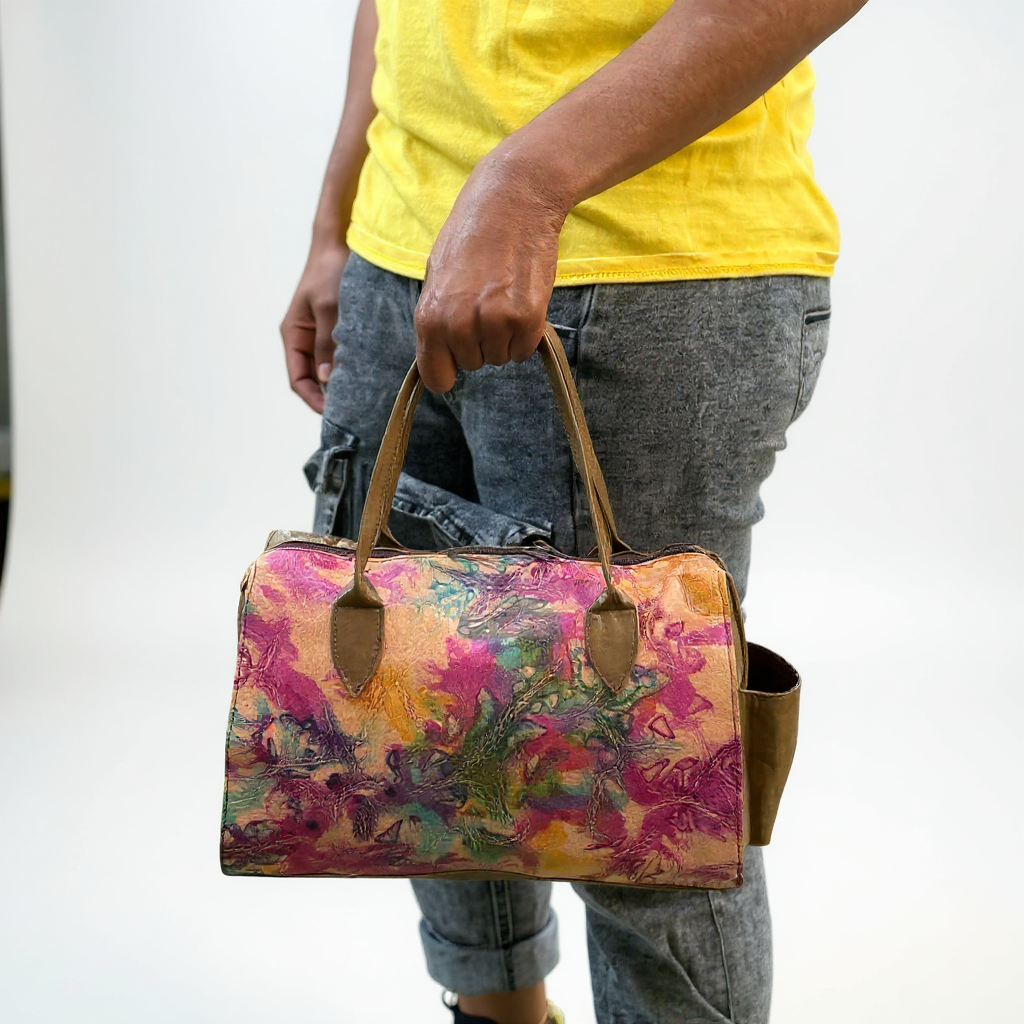 Aurora Burst Tie-Dye Leather Duffle Bag – 9x11x5 inch
