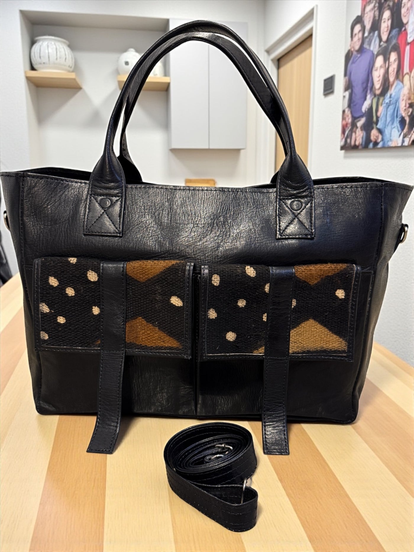 Savanna Voyager Tote – Black Leather & Mudcloth Travel Bag Handmade in Mali (11x16x5.5)