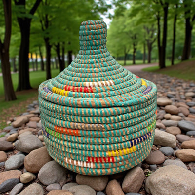 Senegal Handwoven Lidded Basket – Teal & Multicolor Accents (10.5”)