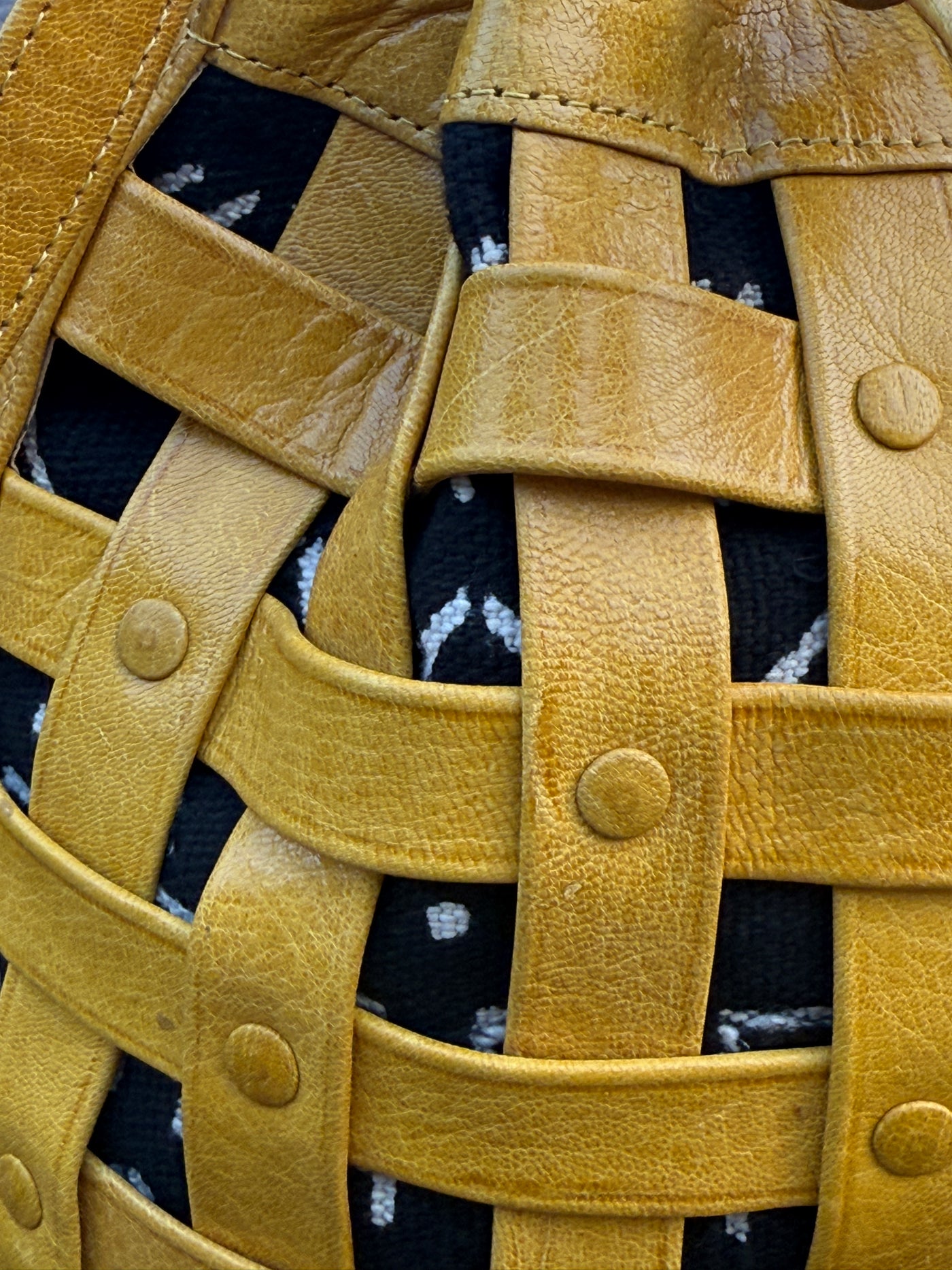 Yellow Waffle Weave Leather & Mudcloth Bucket Bag – Handmade in Mali