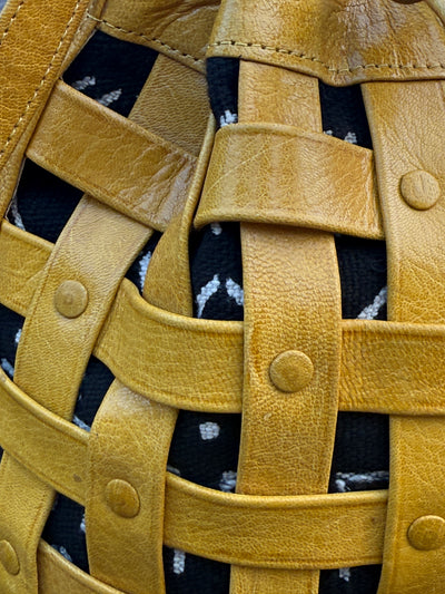 Yellow Waffle Weave Leather & Mudcloth Bucket Bag – Handmade in Mali