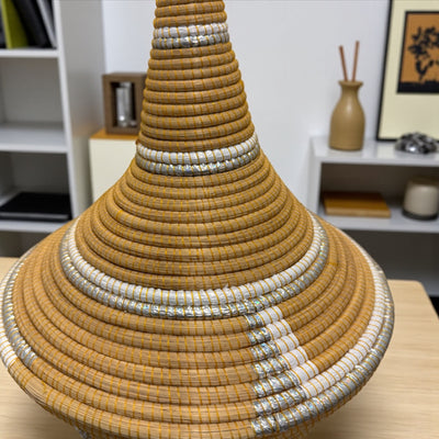 Rwanda Handwoven Lidded Basket – Mustard & White Accents (20”)