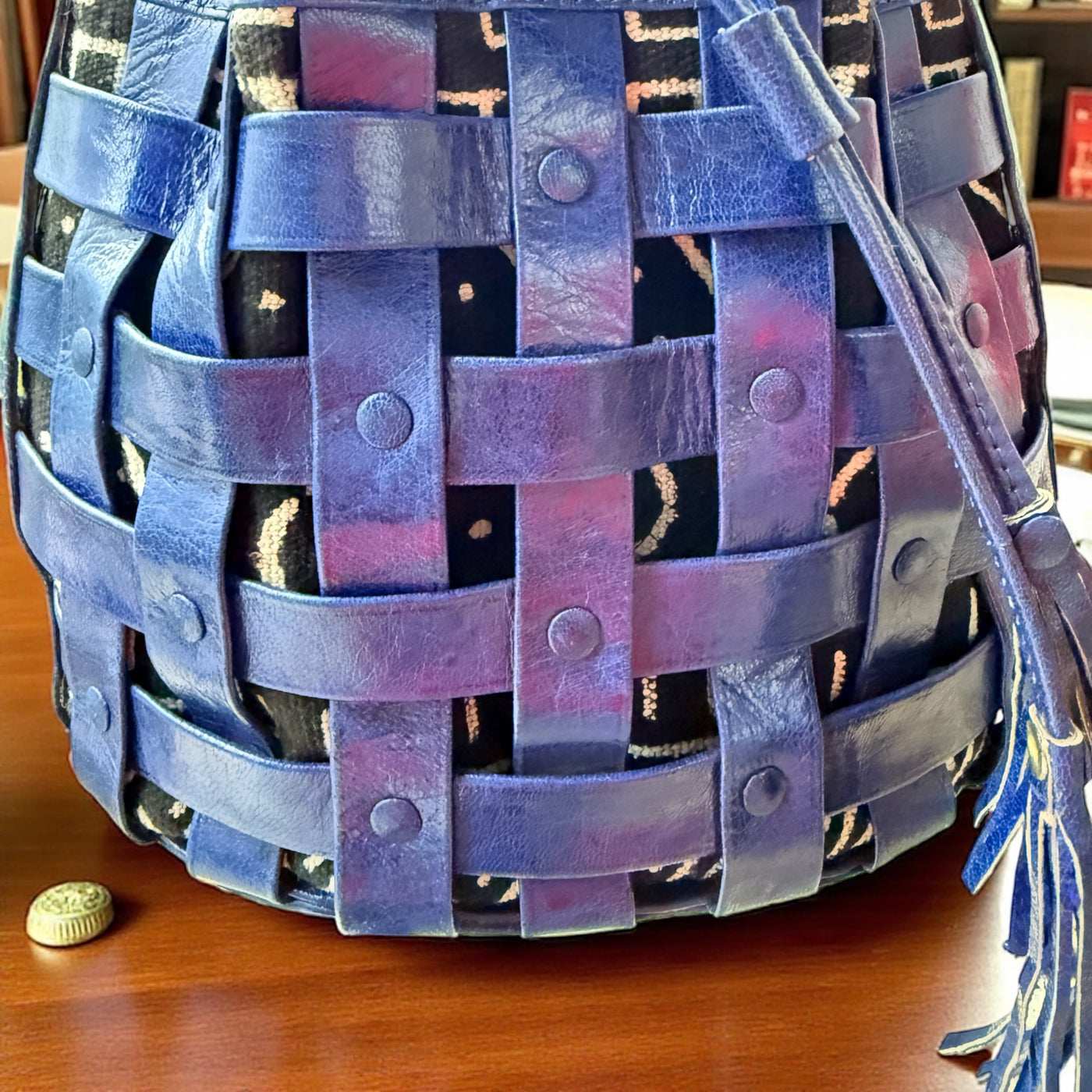 Blue Waffle Weave Leather & Mudcloth Bucket Bag – Handmade in Mali
