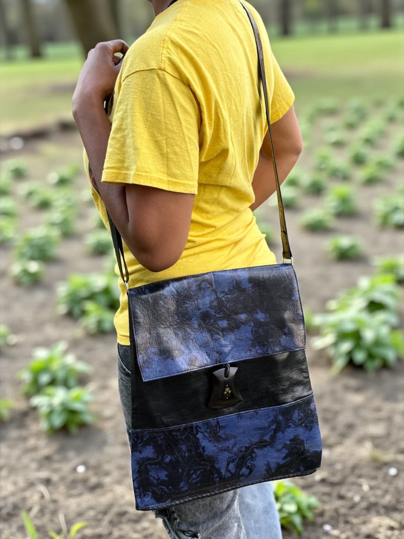 Indigo Eclipse Leather Crossbody – Handmade in Mali (13x14)