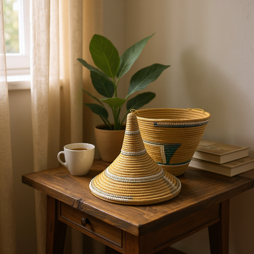 Rwanda Handwoven Lidded Basket – Mustard & White Accents (20”)