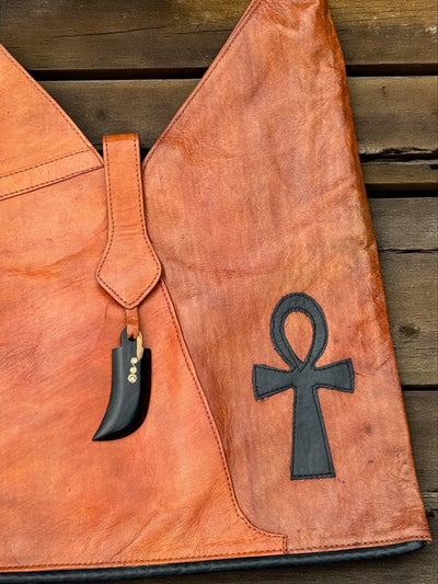 Two-Tone Leather Shoulder Bag with Tie-Dye and African Mask Pendant