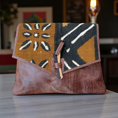 Brown Bogolan Cipher Bag – Handmade Mudcloth & Leather Crossbody (9” x 11”)