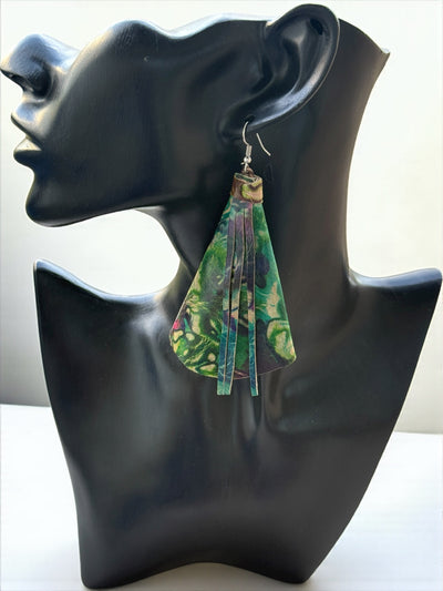 Saramani Bandi Tie-Dye Leather Fringe Earrings – Handmade in Burkina Faso (Green & Plum)