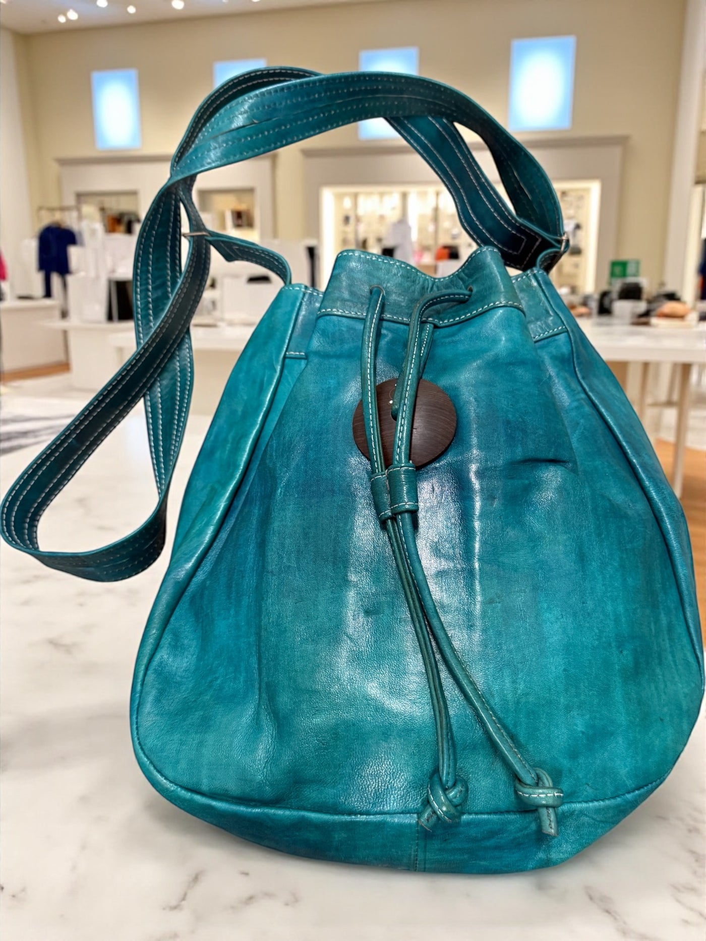 Azure Nomad Leather Bucket Bag – Hand-Dyed & Handmade in Mali
