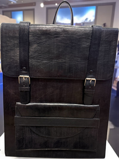 Midnight Black Voyager Leather Backpack – Handmade in Mali (16x13x3 in)