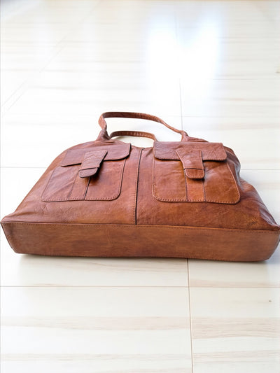 Vintage Cognac Leather Tote – Handmade 9.5” x 16” x 3” with Dual Front Pockets