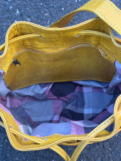 Yellow Waffle Weave Leather & Mudcloth Bucket Bag – Handmade in Mali