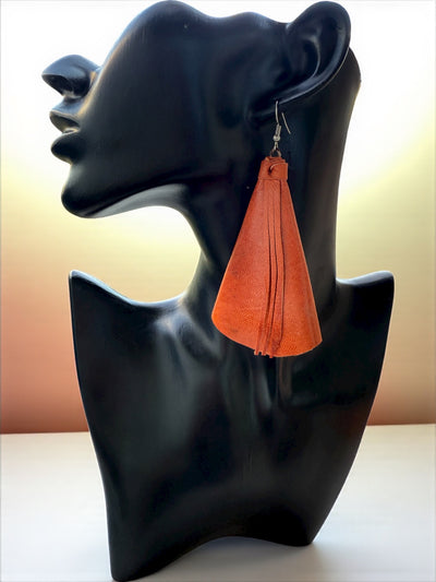Saramani Bandi Leather Fringe Earrings – Handmade in Burkina Faso (Burnt Orange)