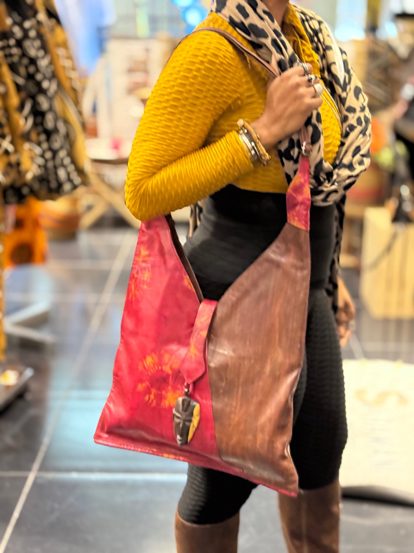 Two-Tone Leather Shoulder Bag with Tie-Dye and African Mask Pendant