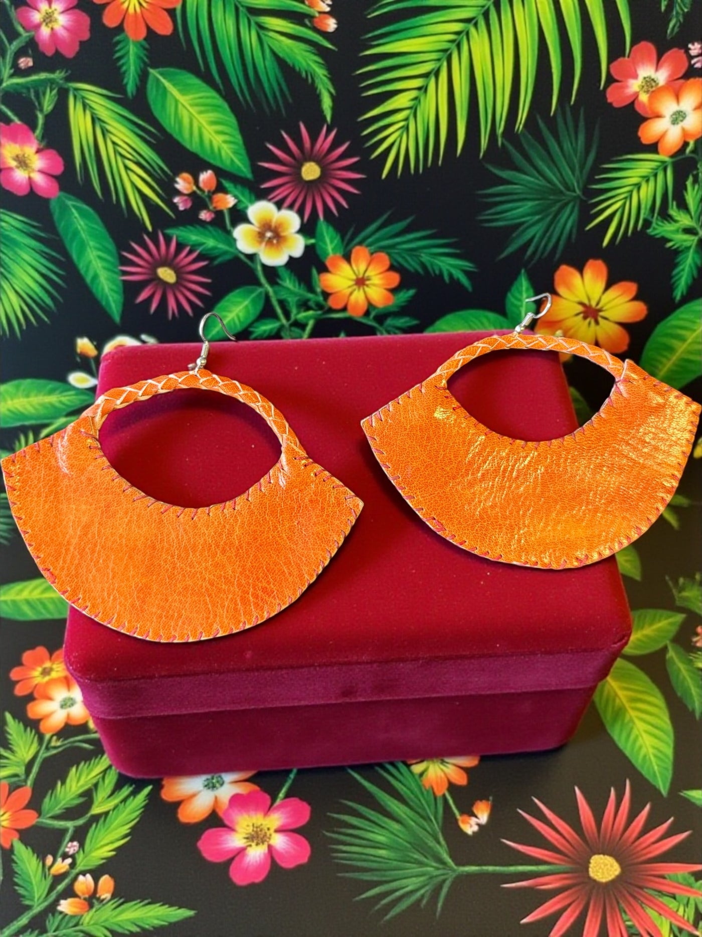 Sanaa Half-Moon Leather Earrings – Handcrafted Orange African Art Design