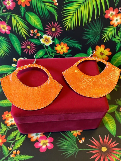 Sanaa Half-Moon Leather Earrings – Handcrafted Orange African Art Design