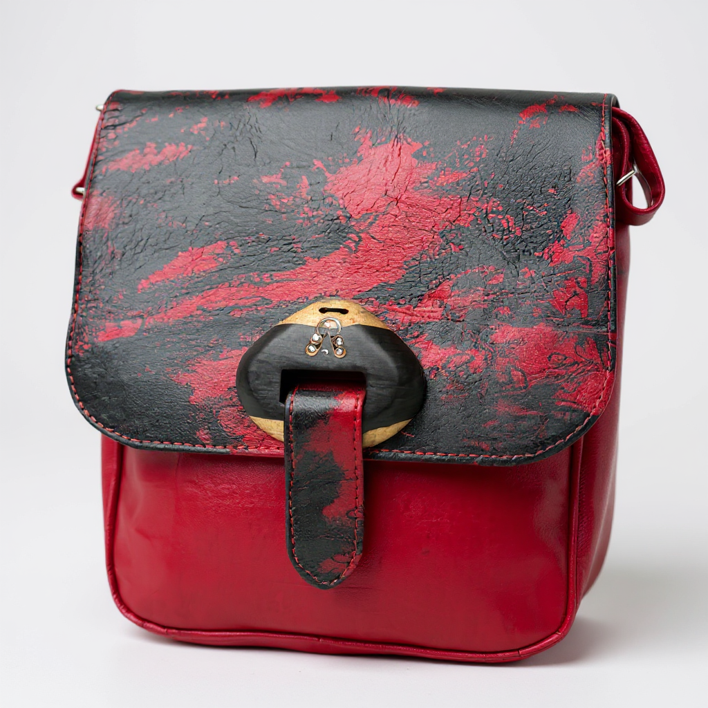 Red & Black Leather Crossbody Bag – Handmade 9x11