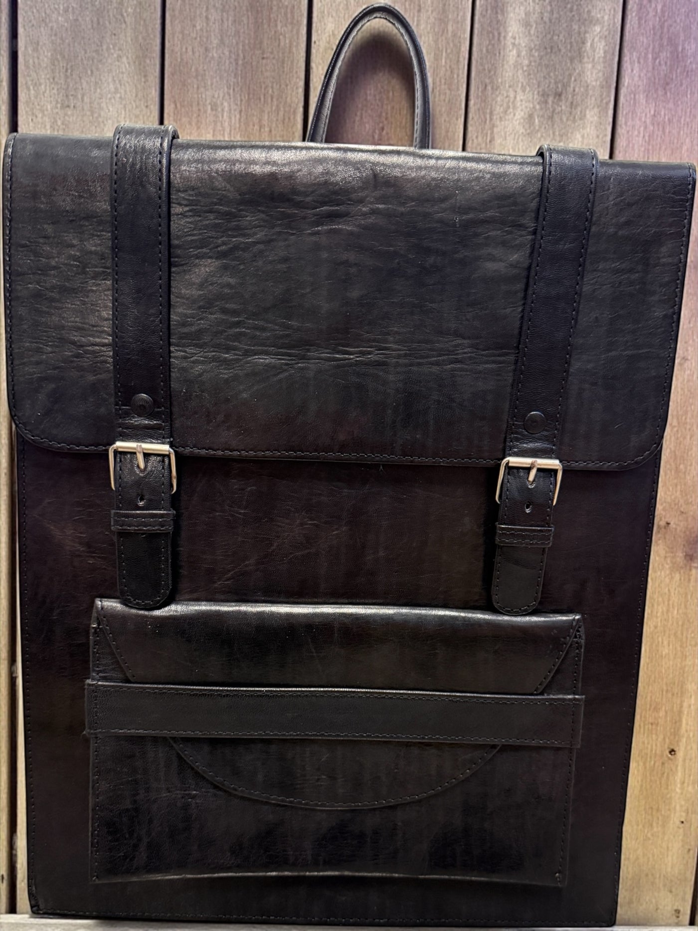 Midnight Black Voyager Leather Backpack – Handmade in Mali (16x13x3 in)