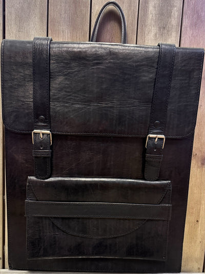 Midnight Black Voyager Leather Backpack – Handmade in Mali (16x13x3 in)