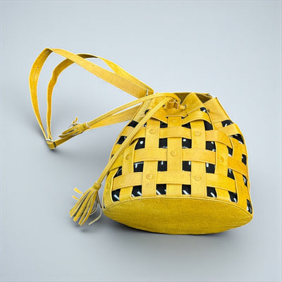 Yellow Waffle Weave Leather & Mudcloth Bucket Bag – Handmade in Mali