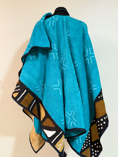 Handcrafted Aqua Mudcloth Shawl – One Size Fits Most