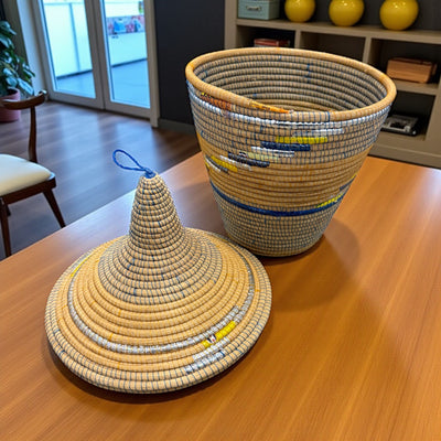 Rwanda Handwoven Lidded Basket – Blue, Yellow & Metallic Silver Accents (17.5”)