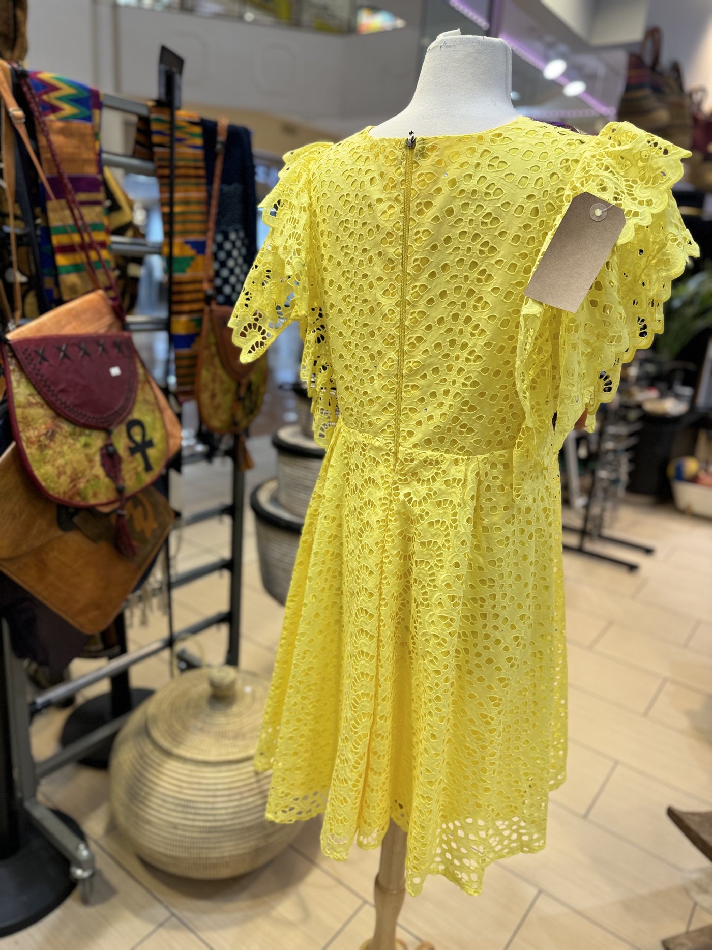 Yellow African Cotton Lace Fabric Mini Dress One Size Fit Up To Large