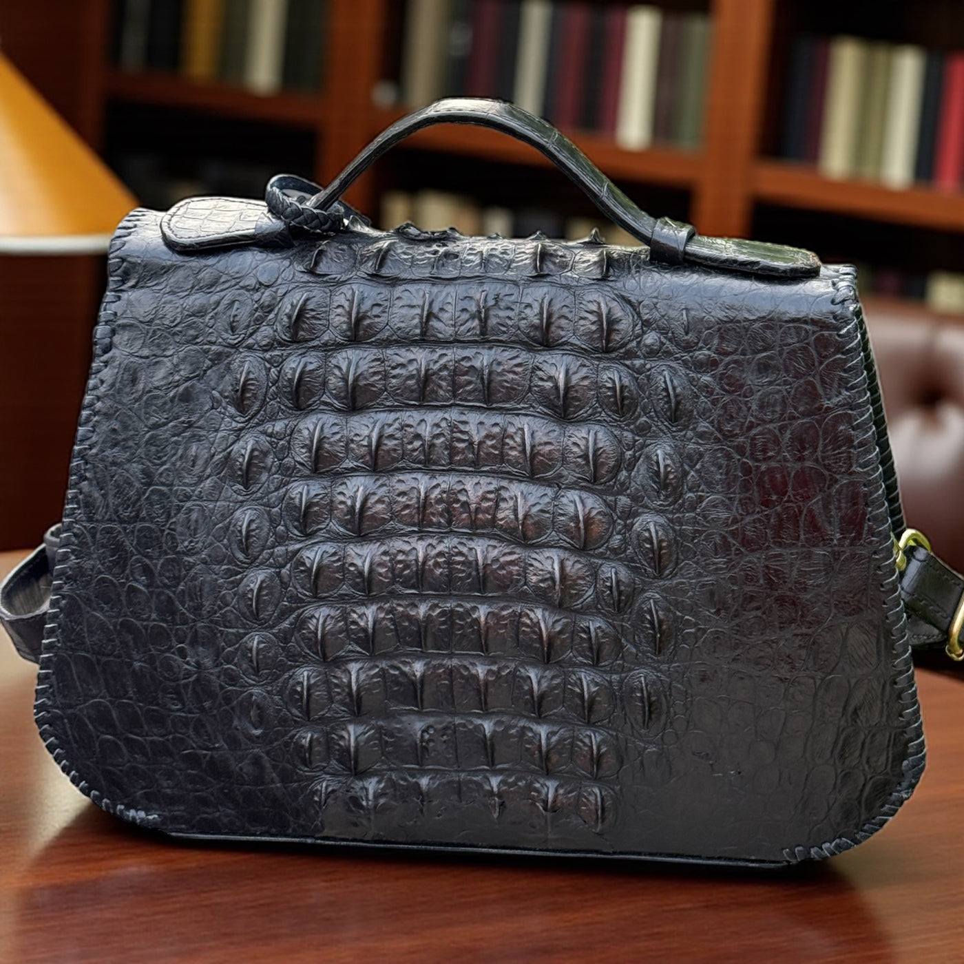 Luxury Handmade Black Textured Leather Handbag with Gold Push-Lock
