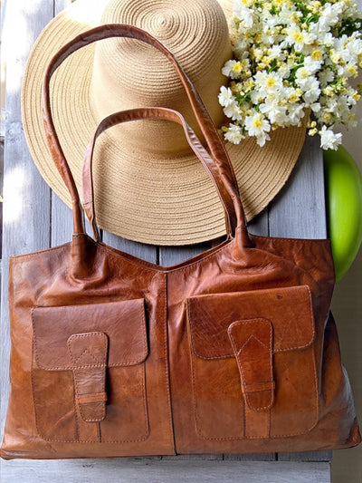 Vintage Cognac Leather Tote – Handmade 9.5” x 16” x 3” with Dual Front Pockets