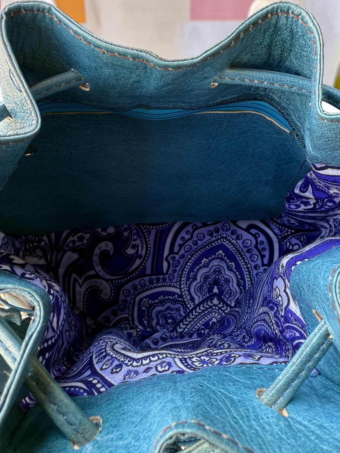 Teal Waffle Weave Leather & Patterned Mudcloth Bucket Bag – Handmade in Mali