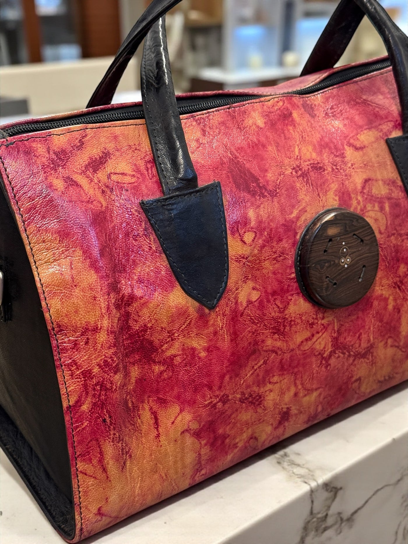 Desert Ember Leather Tote – Handmade in Mali with Ebony Wood Accent (10x14x7)