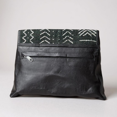 Black Bogolan Cipher Bag – Handmade Mudcloth & Leather Crossbody (9” x 11”)