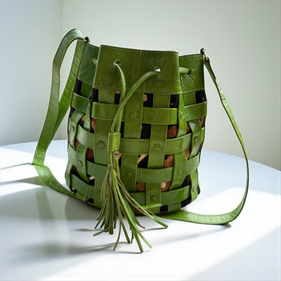 Green Waffle Weave Leather & Mudcloth Bucket Bag – Handmade in Mali