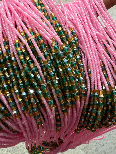 Saramani “Guardian Blossom” Waist Beads – Pink, Green & Gold | 44” Handmade Tie-On