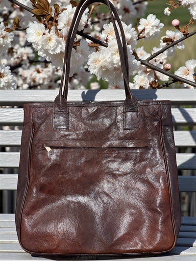 Red Ember Leather Tote – Handmade in Mali with Ebony Wood Accent